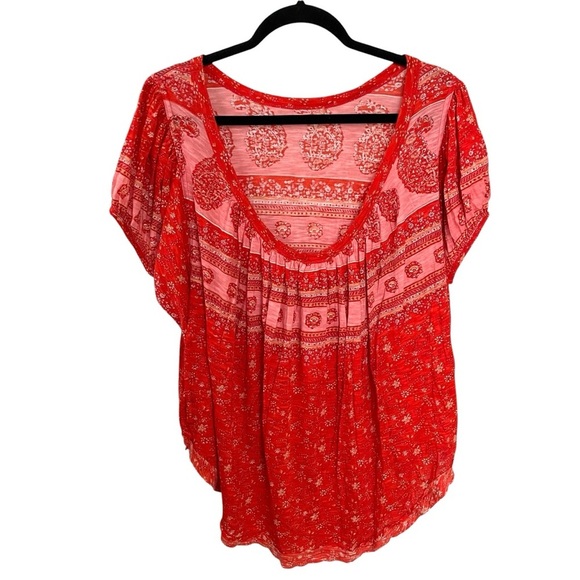 FREE PEOPLE Paisley Floral Print Low Back Short Sleeve Blouse Red S - Picture 3 of 15